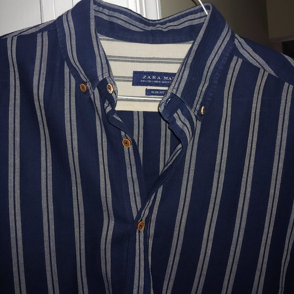 Zara Mens Size Large  Navy/White Striped 99%  Very Soft Cotton Slim fit… - Picture 7 of 8